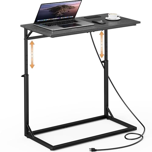 C Shaped End Table with Charging Station, Large C-Table End Table Adjustable Height Side Table for Couch, Sofa Table Slide Under Couch Table TV Tray Table for Living Room, Bedroom,Gray Walnut - color: Gray Walnut, style: With Plug