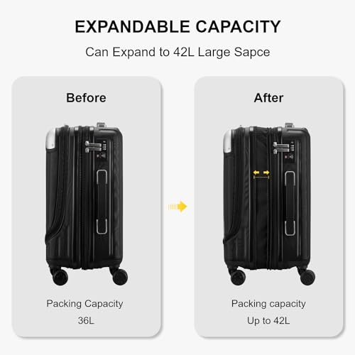 LEVEL8 Grace Hard Shell Carry on Luggage with Front Compartment, 20 Inch Expandable Suitcases with Wheels, Lightweight Carry-on Suitcase for Airplane, Tsa Lock, Black - color: Black, size: 20 Inch - EXT
