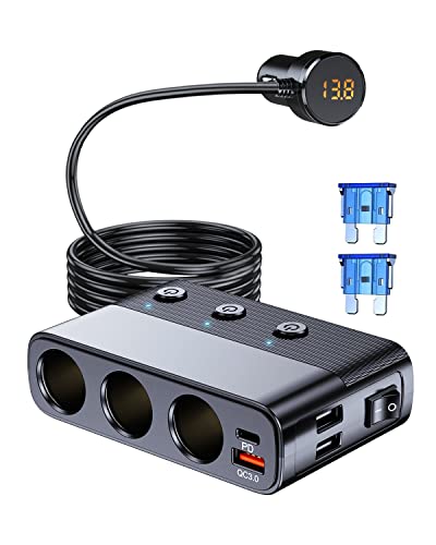 LIHAN 7-1 Cigarette Lighter Splitter, 3-Socket Adapter with PD 30W Type-C | 12V/24V Car Charger, QC3.0 & Dual USB Ports, Independent Switches, Voltage Display, 3.3FT Extension Cord for Truck RV SUV