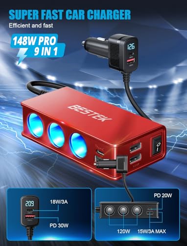 BESTEK 148W Cigarette Lighter Splitter 9 in 1 Cigarette Lighter Adapter with 3-Socket PD 30W and QC3.0 18W Charging Ports LED Display Super Fast Charger for Dash Cam, GPS, iPad/Laptop/Phone（Red） - color: Red
