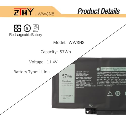 57Wh 66DWX WW8N8 Battery for Dell Latitude 7340 7350 7440 7450 7640 7650 | P126F P126F001 P175G P175G001 P176G001 P178G P179G 86D0Y 0HYH8 0CTJJ6 047T0 FH97R 76KVG 599M7 Laptop Battery 11.4V 3-Cell - size: 10.43*3.19*0.24inch WW8N8
