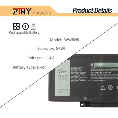 57Wh 66DWX WW8N8 Battery for Dell Latitude 7340 7350 7440 7450 7640 7650 | P126F P126F001 P175G P175G001 P176G001 P178G P179G 86D0Y 0HYH8 0CTJJ6 047T0 FH97R 76KVG 599M7 Laptop Battery 11.4V 3-Cell - size: 10.43*3.19*0.24inch WW8N8