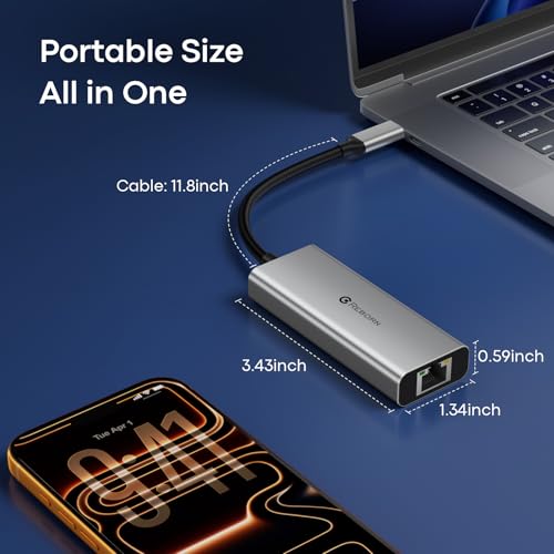 Reborn USB C to Ethernet 5Gb Adapter (0.98FT), Aluminum USB-C to RJ45 5 Gigabit Network Adapter Compatible with USB4, Thunderbolt 5/4, Plug & Play for MacBook, XPS Laptop, and USBC Devices