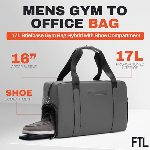 The FTL Lite Mens Gym to Office Bag - 17L Briefcase Gym Bag Hybrid with Shoe Compartment & 16" Laptop Sleeve - Executive Daily Carry & Overnight Duffel for Athletic Business Pros - Gray - color: Stone Grey, style: Lite