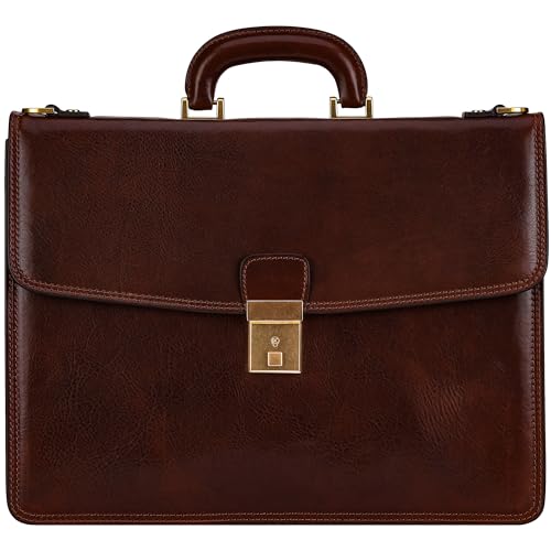 Time Resistance Leather Briefcase - Italian Handmade Leather Laptop Bag - Handbag for Men - Professional Computer Case - color: Brown