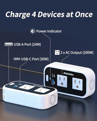 200W Car Power Inverter, Blubluman DC 12V to 110V AC Car Plug Adapter Outlet with 30W PD Charger, QC3.0 Fast Charger 24W, Power Inverter for Vehicles, Outlet for Laptop Computer Charger