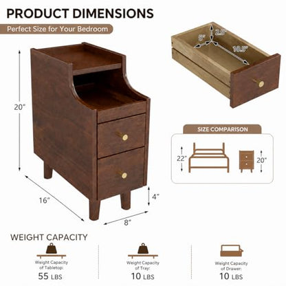POWERSTONE Narrow Nightstand with 2 Drawers Set of 2, Solid Wood Bedside Table with Pull Out Tray & Cable Hole & Slots, Slim End Side Table for Small Spaces Bedroom, Living Room, Brown - color: Brown
