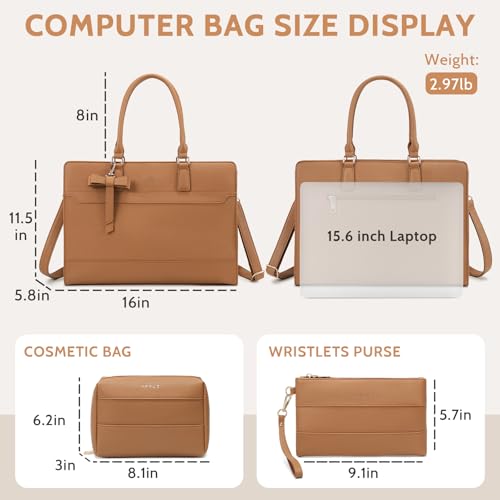 Keyli 3pcs Laptop Bag for Women 15.6 Inch Leather Work Tote Bags Professional Business Office Computer Shoulder Briefcase - color: 3pcs-brown