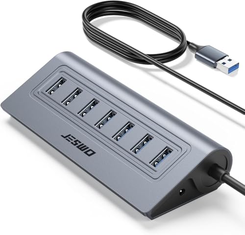 USB Hub 3.0, JESWO Aluminum 7 Port USB 3.0 Hub with 3.3Ft Cable, USB Splitter with 7-USB3.0 Data Ports Compatible with MacBook, Laptop,Surface Pro, PS5, PC and More (No Power Adapter Included) - color: Grey