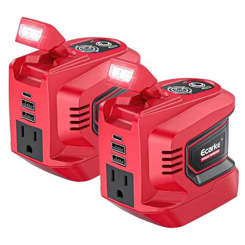 Ecarke 220W Power Inverter Compatible with Milwaukee 18V Battery (Tool Only), DC 20V to AC 110V Power Station with 1 AC Outlet, 2 USB-A, 1 Type-C & LED Light for Camping Outdoor Emergency(2-Pack) - color: Red, size: 2-pack