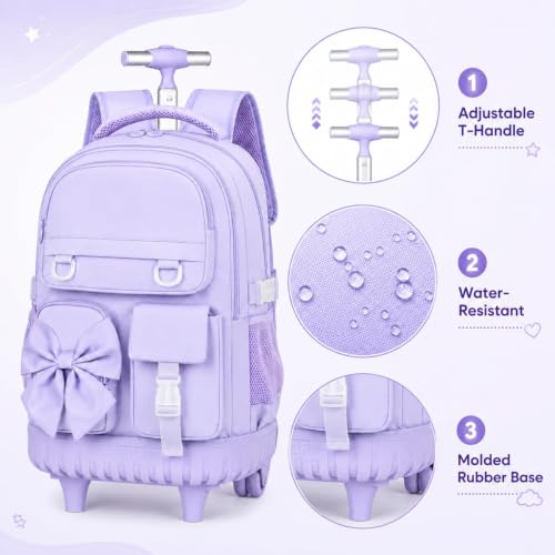 3Pcs Rolling Backpack for Girls Women, School Kids Roller Bookbag with Wheels, Wheeled Backpacks Set for Elementary (Purple) - color: Bow Purple