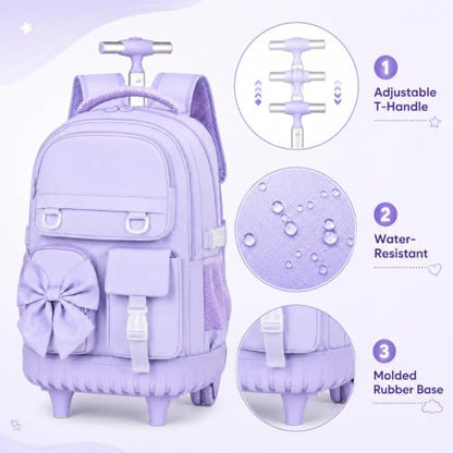 3Pcs Rolling Backpack for Girls Women, School Kids Roller Bookbag with Wheels, Wheeled Backpacks Set for Elementary (Purple) - color: Bow Purple