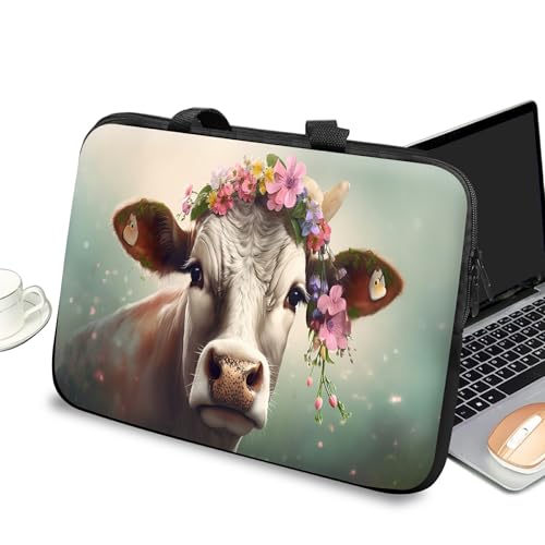Universal Laptop Case Sleeve 10 inch with Handle and Zipper, Kids Tablet Carrying Case Messenger Bag Portable Tote Bag for 7-10 inch iPad/Notebook/eBook/Readers, Cow with Flower - color: Cow With Flower, size: 10 inch