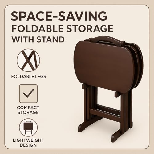 Ergode Corbett Brown Folding TV Tray Table Set with Storage Stand - Stylish Antique Walnut Design, Easy Maintenance, Ideal for Dining, Serving, and Work - Compact & Portable Rectangular Shape