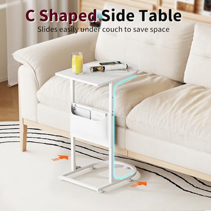 C Shaped End Table, Small Side Table for Couch, C Table that Slides Under Sofa with Storage Bag, TV Tray Table for Recliner, Living Room, Bedside, Bedroom, Small Spaces, White - color: Classic White