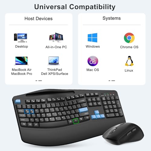 Wireless Keyboard and Mouse Combo, 2.4G Full Size Wave Keys Ergonomic Keyboard with Wrist Rest, Phone Holder, 3-Level DPI Wireless Silent Mouse with 6-Buttons, for Windows, Mac OS, Laptop (Blue Black) - color: Blue Black