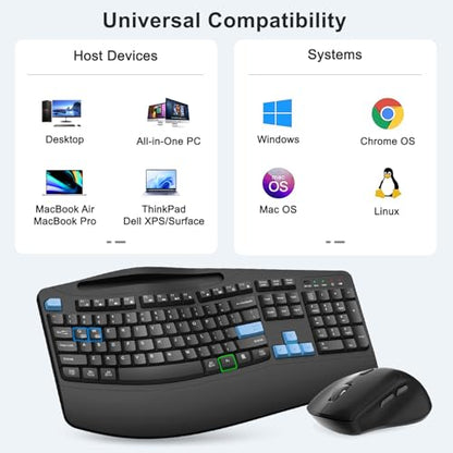Wireless Keyboard and Mouse Combo, 2.4G Full Size Wave Keys Ergonomic Keyboard with Wrist Rest, Phone Holder, 3-Level DPI Wireless Silent Mouse with 6-Buttons, for Windows, Mac OS, Laptop (Blue Black) - color: Blue Black