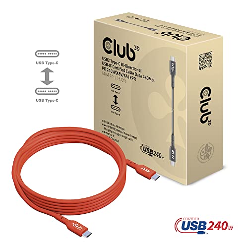 Club 3D CAC-1515 USB2 Type C to Type C Certified Bi-Directional Cable with 240W Charging, 480Mb Data Transmission EPR 4m -13.13ft - size: 4m -13.13ft