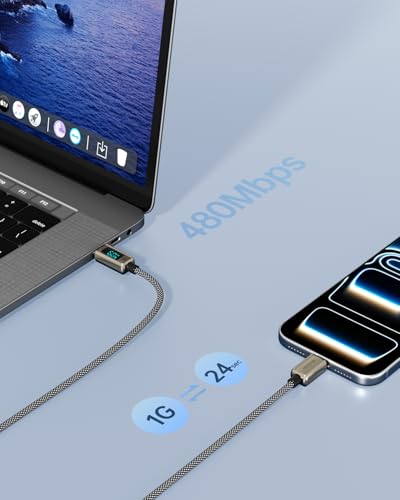 Hichain 6FT USB C to USB C Cable 60W Braided Cable with LED Display | Fast Charge, Silver Zinc Alloy & Nylon Braided Cable for lPhone 17/16/15, lPad Air, MacBook Pro, Galaxy S24/S23, Pixel, LG - color: Silver, size: 6FT