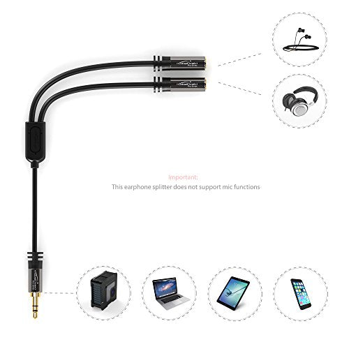 KabelDirekt – Y Adapter & Jack & AUX Splitter – 3.5mm | 1×3.5mm male to 2× female, connect two sets of headphones to a smartphone/tablet/notebook, stereo, 4in, black