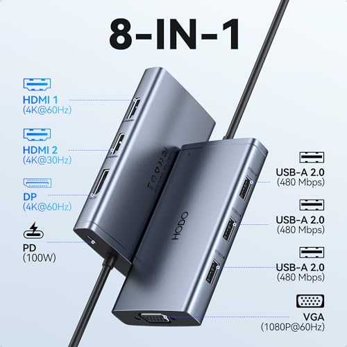 USB C Docking Station Dual Monitor for HP,Laptop Docking Station 3 Monitors | USB C Hub Quad Display USB C Adapter to 4K HDMI+DP+VGA,3USB 2.0,PD,USB C Dock Dongle 8 in 1 Computer Docking Station for Dell