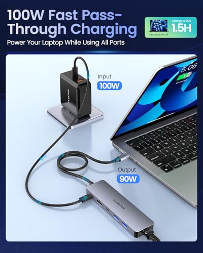 LENTION 6 in 1 USB C Hub, Ethernet, 4K@60Hz HDMI, 100W PD, USB 3.0 Adapter | Stable Driver Dock for Students & Office Staff, Fits MacBook Pro/Air, Surface, Chromebook for School, Office & Travel (C26b)