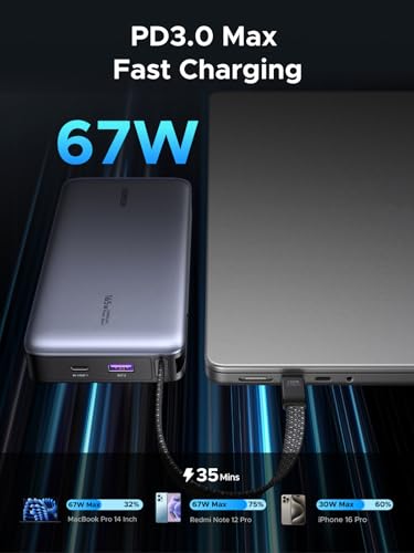 UGREEN Nexode Power Bank, 20000mAh 67W Laptop Portable Charger with Built-in USB-C Cable, 72Wh Fast Charging Business Travel Battery Pack for MacBook Pro/Air/ipad/iPhone 17/Samsung S25 Ultra