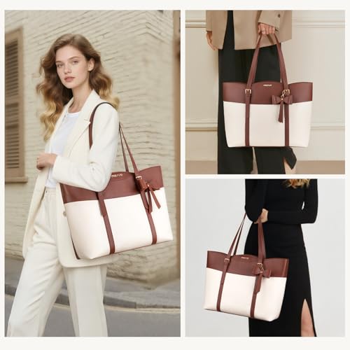 MOSISO Laptop Tote Bag for Women, 15.6 inch PU Leather Large Tote Bag | Large Capacity Work Handbag with Bowknot&Arc-shaped Pocket,Waterproof Computer Bags Work Briefcase for Business Office, Brown