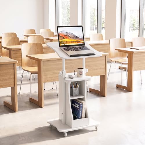 Tangkula Mobile Lectern Podium Set of 2, Height Adjustable Podium Stand, Standing Sit-to-Stand Desk, Rolling Cart Laptop Desk with Swivel Top Movable Wheels & Storage - color: White, size: 20" x 16" x 44"