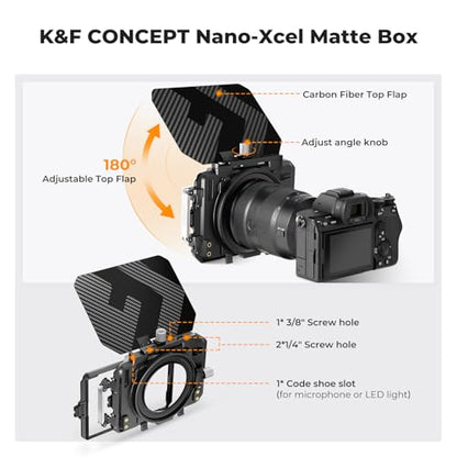 K&F CONCEPT Matte Box with Carbon Fiber Top Flag, with 5pcs Adapter Rings | DSLR Camera Matte Box with Carbon Fiber Top Flag, with 67/72/77/82/95mm Adapter Rings-FM702