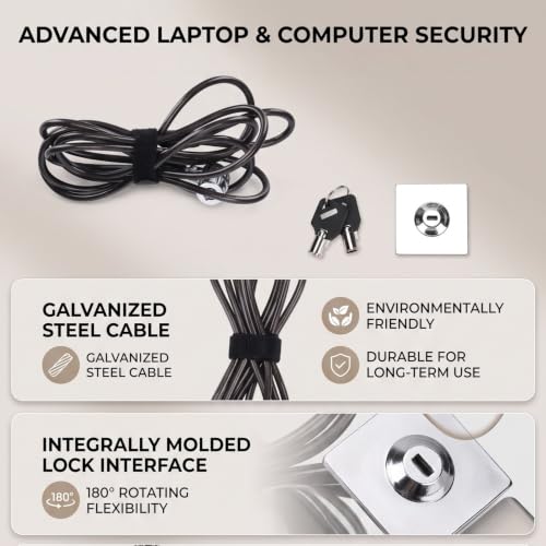 Laptop Lock Galvanized Steel Security Cable 2m Length 180 Degree Rotation for Notebook Monitor Projector Office Dormitory Public, 360 Dual Shaft Universal Keyhole Compatible