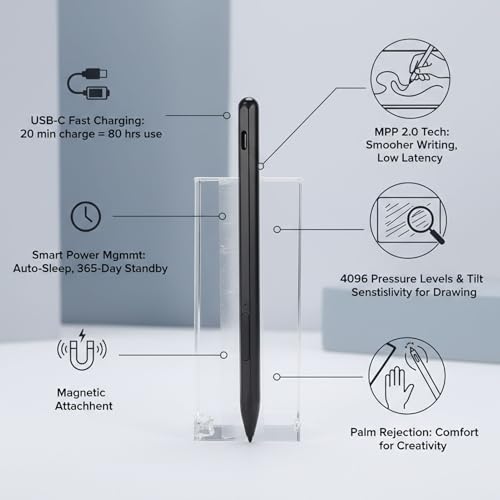 Rechargeable MPP 2.0 Active Tilt Pen, 4096 Levels Pressure Sensing, USB C Charging, Magnetic Design, for Touch Screen Devices (Black) - color: Black