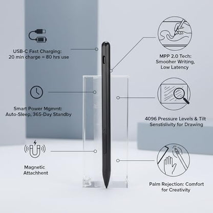 Rechargeable MPP 2.0 Active Tilt Pen, 4096 Levels Pressure Sensing, USB C Charging, Magnetic Design, for Touch Screen Devices (Black) - color: Black