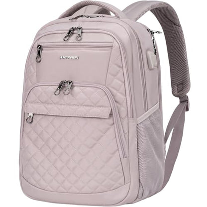 KROSER Travel Laptop Backpack 17 Inch Large Computer Backpack Dusty Pink | Water-Repellent Daypack, USB Charging Port, RFID Pockets, for Work/Business/College/Men/Women, Quilted - color: Quilted Dusty Pink