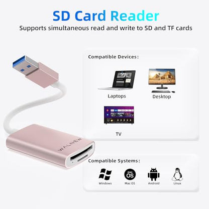 WALNEW USB 3.0 Micro SD Card Reader with Dual Slots, Memory Card Reader | Supports SD/SDXC/SDHC/Micro SDXC/TF/UHS-I, For Mac, Windows, Android, Laptop, Camera - color: PINK