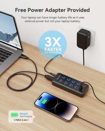 Powered USB Hub, Wenter 5 Ports USB 3.0 Hub (4 Data Transfer Ports+ 1 Smart Charging Port) with Individual LED On/Off Switches, USB Hub 3.0 Powered with 15W Power Supply for PC, MAC