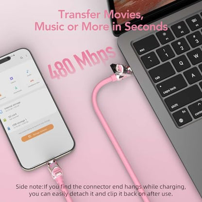 MFish 240W 4-in-1 Charging Cable with Carrying Case, 6.6FT Fast Charger USB-A & USB-C to USB-C/Lightning, for iPhone 17/16/15/14, MacBook, iPad, Samsung S25/S24 (Pink, 6.6Ft) - color: Pink, size: 6.6Ft