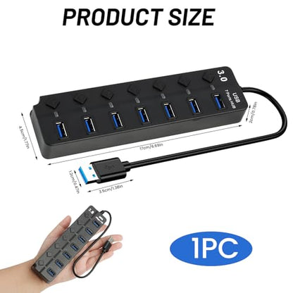 7-Port USB 3.0 Hub with Individual On/Off Switches, 5Gbps Data Transfer USB Splitter for Laptop, PC, Desktop, MacBook, Keyboard, Mouse, Flash Drive, Printer