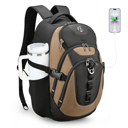 Swissdigital Design Laptop Backpack with USB Charging Port, Travel Backpack Fits 15.6-Inch Computer, 31l College School Backpack for Men, Tan/Black | SD803-34 - color: Tan/Black