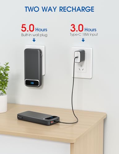 Nusyddy Portable Charger 12000mAh Fast Charging w/Built-in Wall Plug Black | 22.5W Fast Charging, LED Display, Pass Through Charging, TSA Approved, Portable & Slim, Power Bank for iPhone, Samsung - color: Ebony
