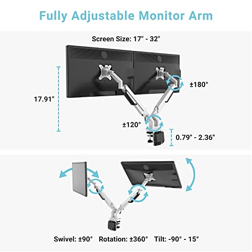 Progressive Desk Dual Monitor Arm - Gas Spring - Fits 17"-32" Monitors - 360° Rotation - Arm Holds Up to 40 lbs - VESA and Grommet Mount - style: Dual 17"-32" White