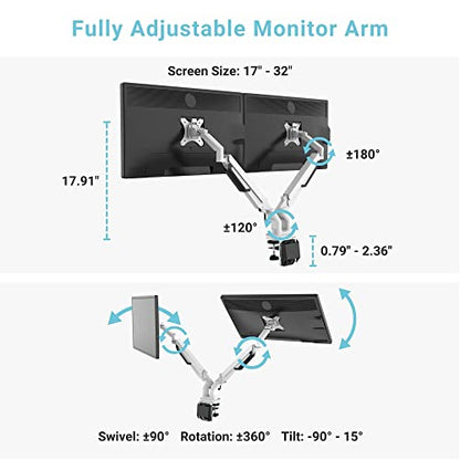 Progressive Desk Dual Monitor Arm - Gas Spring - Fits 17"-32" Monitors - 360° Rotation - Arm Holds Up to 40 lbs - VESA and Grommet Mount - style: Dual 17"-32" White