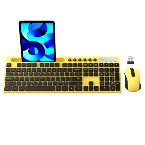 Wireless Keyboard and Mouse Combo, MARVO 2.4G Ergonomic Wireless Computer Keyboard with Phone Tablet Holder, Silent Mouse with 6 Button, Compatible with MacBook, Windows (Yellow) - color: Yellow