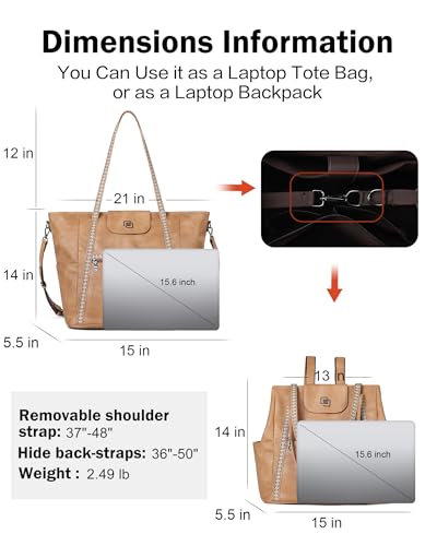 Large Laptop Tote Bag for Women Designer Leather Laptop Bag, 15.6in | Fashion Travel Backpack Purse Shoulder Handbag Fits 15.6 Laptop, Daily, Work, Business Trip, Weekend Travel, Teacher - color: Camel Brown Retro Style