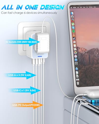Universal Travel Adapter, 35W PD Fast Charging, for Europe UK US Japan | 5 USB C/A Ports & 2500W AC Outlet, International Power Adapter for 200+ Countries, Compatible with iPhone, MacBook, Tablet - color: PD35W-3A2C-white