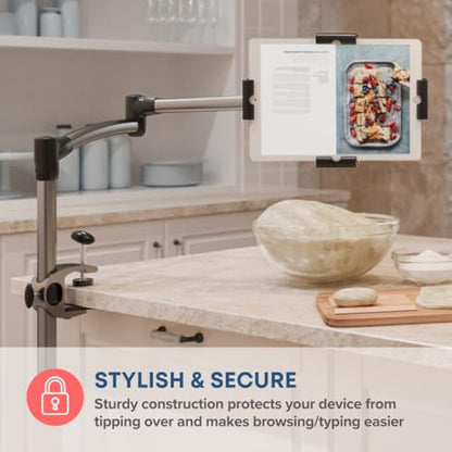 LEVO G2 Clamp-On Tablet Stand, Articulating iPad & Kindle Mount for Desk | 5-axis arm frees workspace, bedside or kitchen counter positioning, hands-free reading, recipes, video calls, work or play