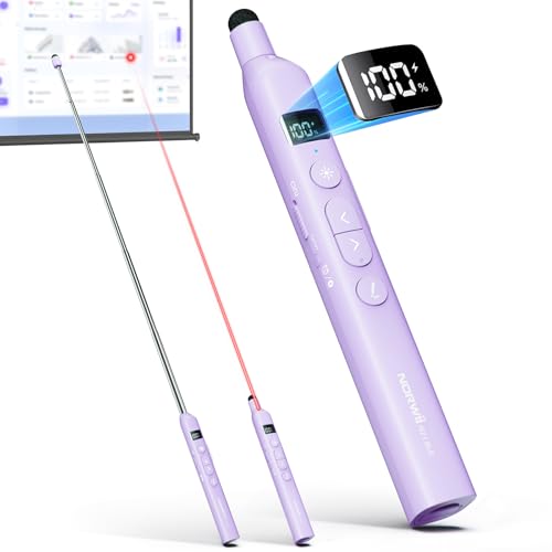 N21 Bluetooth Presentation Clicker for PowerPoint with Retractable Pointer | ①Red laser ②Telescopic touch pen ③Countdown timer, vibration alert ④Customizable Button ⑤Rechargeable;battery level display - color: Purple - Red Pointer