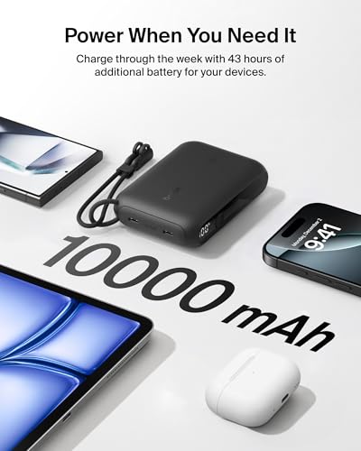 Belkin Portable Charger, Slim USB-C Power Bank 10,000mAh w/ 2 USB-C Ports, Digital Battery Display, 20W Charging Battery Pack - iPhone 17, Air, Pro, Samsung Galaxy S25, Pixel 10, iPad, & More - Black - color: Black, style: 10K mAh