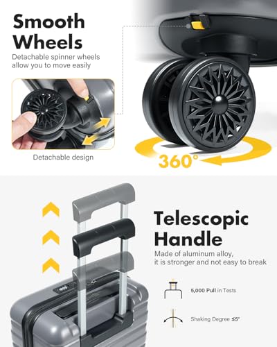 Lekesky 16 Inch Underseat Carry On Luggage Airline Approved, C-Grey | Durable ABS, Small Underseat Carry-on Luggage with TSA Lock Spinner Wheels, Personal Item Luggage Removable Wheels for Travel - color: C-Grey, size: 16 Inch