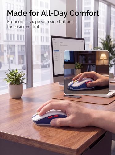 RAPIQUE Bluetooth Wireless Mouse - (BT1/BT2+USB) Tri-Mode High Performance, Rechargeable, Multi-Device Compatible with PC/Laptop/Computer/MacBook/iPad Air Pro (Blue and White) | 3-Device Switching, USB-C Rechargeable, Quiet Clicks, 800/1200/1600 DPI, 6 Bu